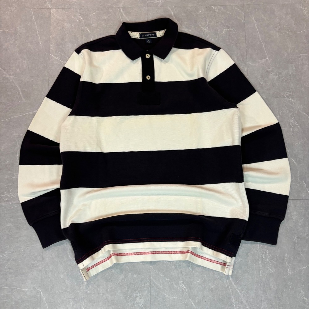 Vintage lands end blue and white stripped rugby polo